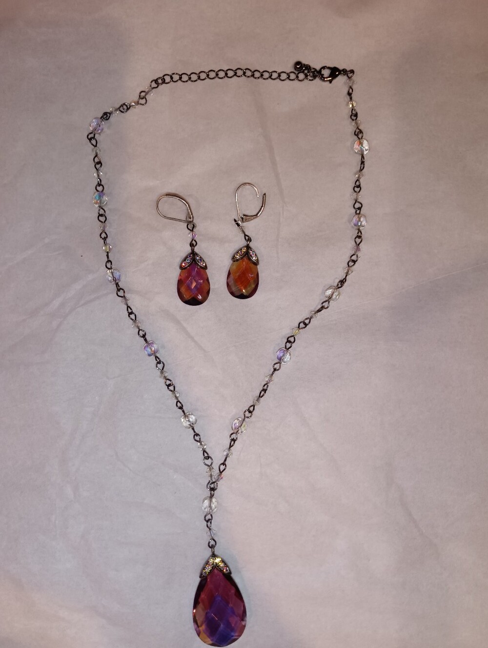 Crystal Teardrop Necklace and Earring Set - Iridescent Pink